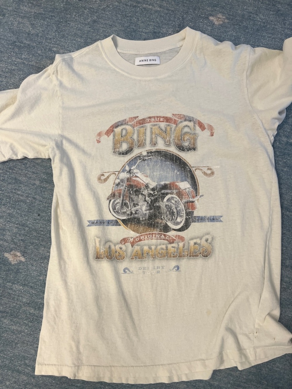 Anine Bing Ivory Graphic Motorcycle Tee with Red & Navy Accents